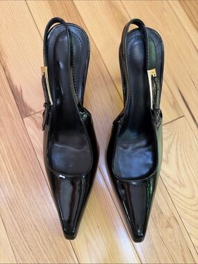 Patent Black Slingback Pumps with Gold Stiletto Heel